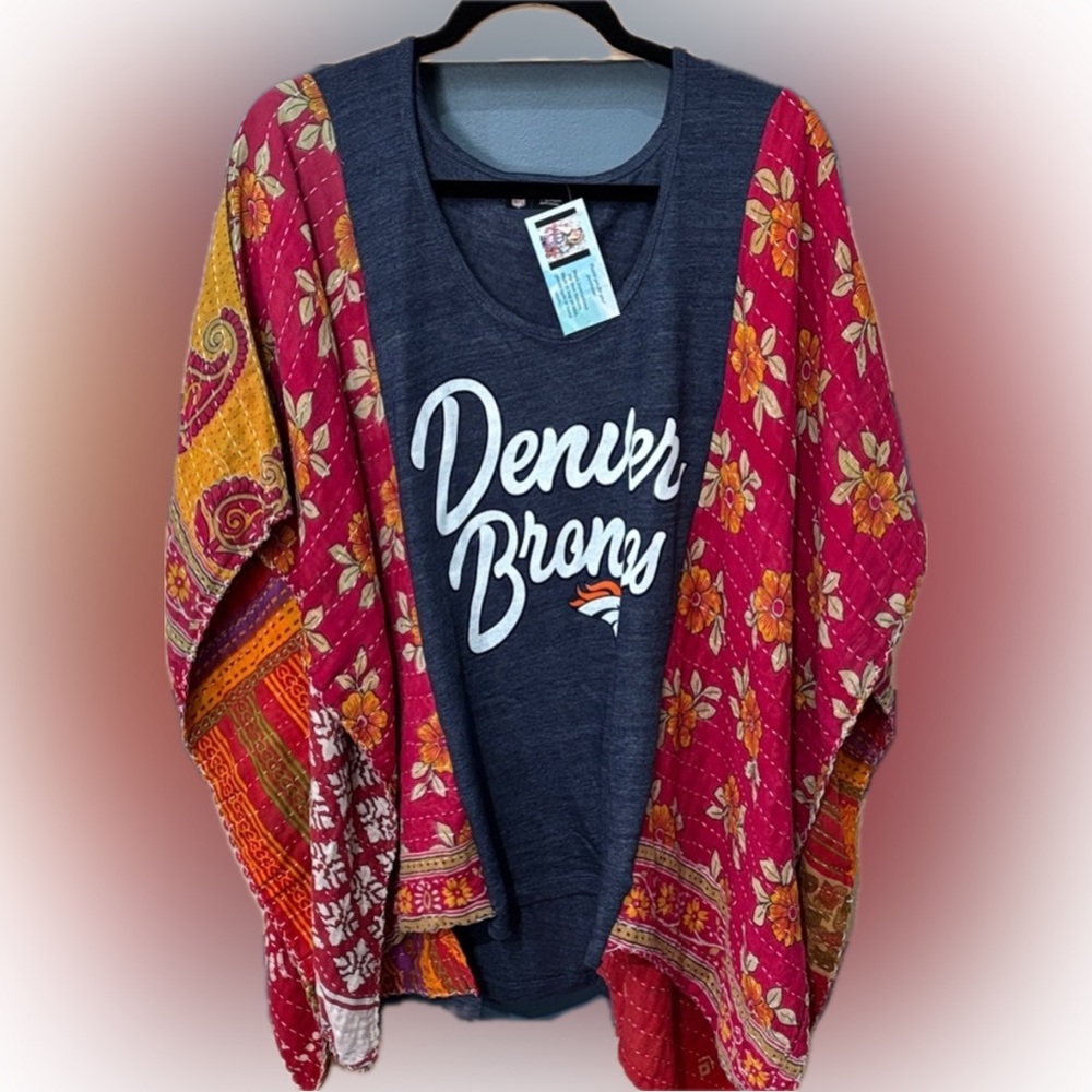 DENVER BRONCOS Upcycled T /poncho w/ kantha sleeves, by Susie.